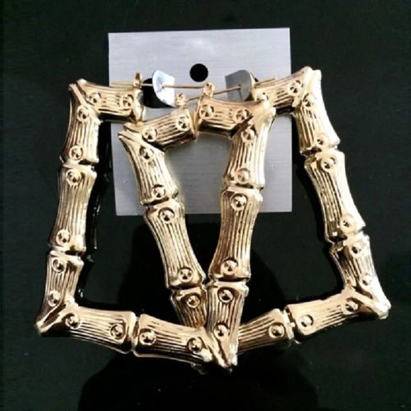 Bamboo Square Pierced Gold Large Earring - Picture 3 of 6
